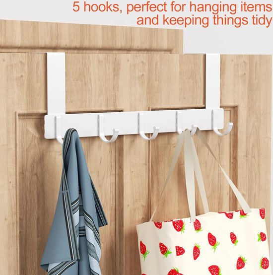 Deurkapstok met 5 haken, kapstokken voor deur zonder boren, deurhaken voor keuken, badkamer, woonkamer en hal (wit)