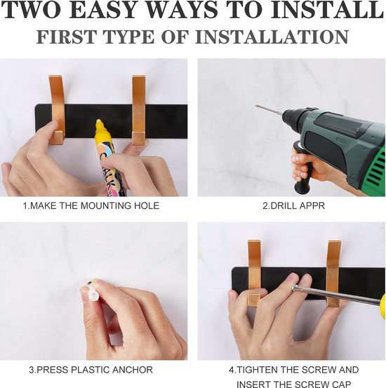 Kapstokhaken, zwart en goud, met 5 haken, deurhaken voor badkamer, keuken, woonkamer en hal