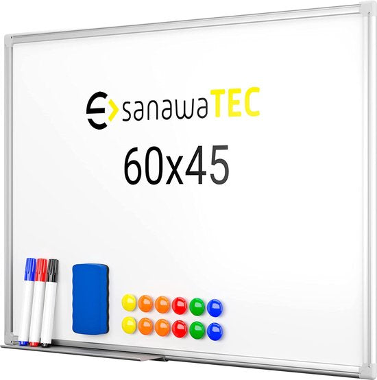 Magnetisch whiteboard, 60 x 45 cm (b x h), magneetbord, beschrijfbaar met aluminium frame, inclusief 3 pennen, 12 magneten en spons, droog afwasbaar