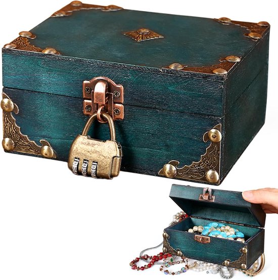 vintage houten schatkist met slot, buitenafmetingen: 15 x 12 x 7,2 cm, binnenafmetingen: 13,5 x 10,5 x 6 cm,