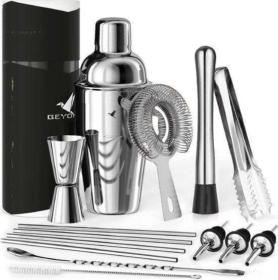 cocktailshakerset, roestvrijstalen 500 ml cocktailshaker, muddler, jigger, lepel en brochure