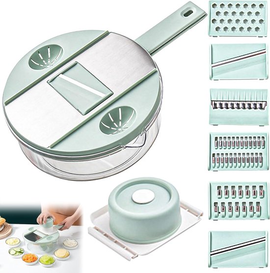 6-in-1 groentesnijder, uiensnijder, groenteschaaf, fruitsnijder, groentesnijder, handmatig, bloksnijder met 6 verwisselbare messen voor wortel, komkommer, aardappel, pompoen, courgette