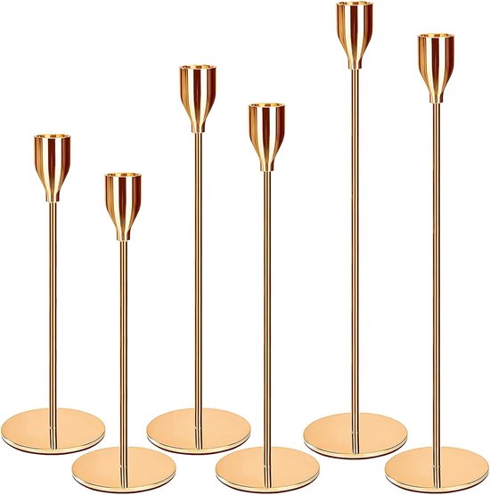 Kandelaars, goud, set van 6 kandelaars, bruiloft, kaarsenstandaard, hoge kandelaar, kegelkaarsenhouder voor feest, bruiloft, decoratie, tafel, verjaardag, diner, kandelaar, vintage decoratie,