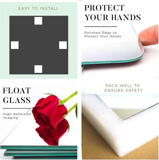 Muurspiegel, zelfklevend, 20,5 x 20,5 cm, 8 stuks, HD glas, spigel, wanddecoratie, spiegeltegels, zelfklevende spiegel voor aan de muur, spiegel, muursticker, kleine spiegelstickers