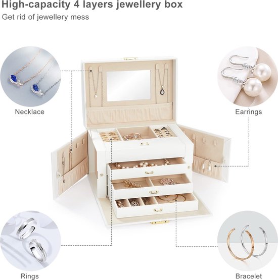 Sieradendoos, groot juwelenkistje met 4 niveaus, afsluitbaar met laden en spiegel, voor dames en meisjes, voor het opbergen van ringen, oorbellen, halsketting, wit