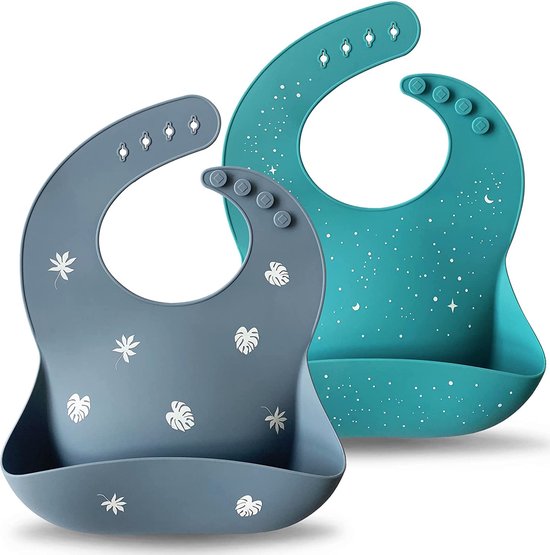 Siliconen babyslabbetjes, set van 2, BPA-vrij, waterdicht, zacht, duurzaam, verstelbare siliconen slabbetjes voor baby's en peuters, Passatlier/groenblauw