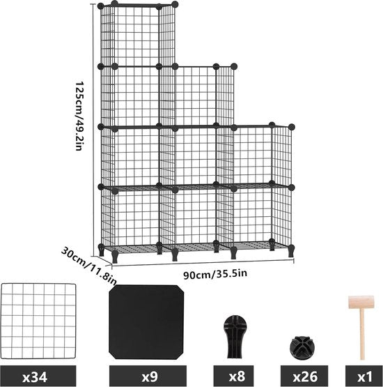 9 Plank Draadkubus Stapelbare Plankkubus DIY Metalen Rooster Plank Kubus Boekenplank Kubus Plank met Deuren voor Woonkamer, Slaapkamer, Badkamer Zwart