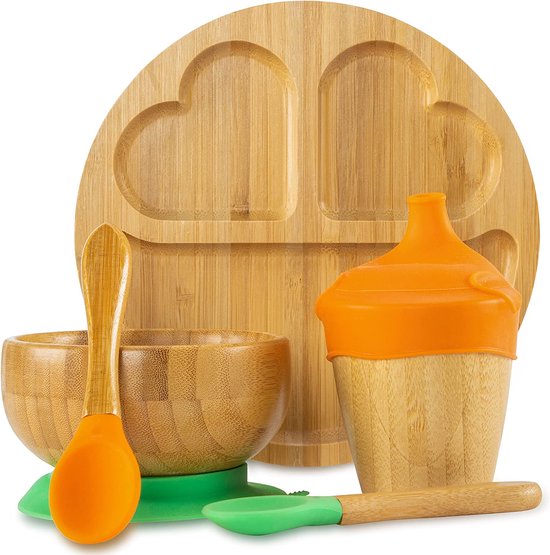 Kinderserviesset van bamboe, melaminevrij, babyservies, antislip, Kinderbord met zuignap (extra groot), mueslikom, drinkbeker, 2 lepels