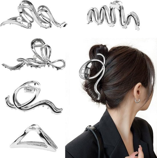 Set van 5 grote haarclips Zilverkleurige metalen haarclips Dames haarklauwen Clips Haarclips voor meisjes Haaraccessoires Antislip klauwclips voor dik dun lang haar