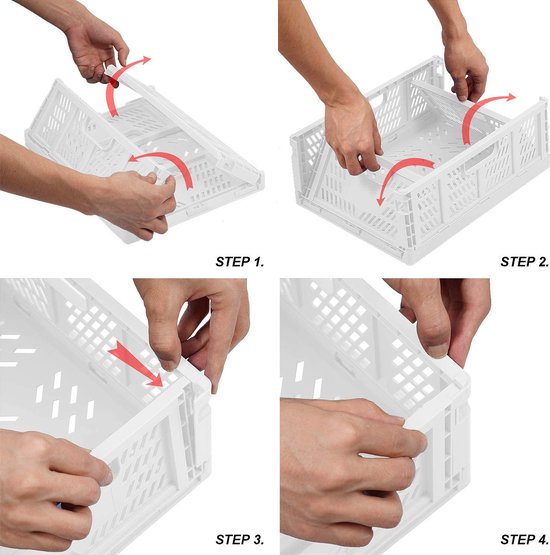 Opvouwbare plastic opbergkisten, 4-delige set, opvouwbare opbergmand, keuken, lade-inzetstukken, stapelbare opbergdozen, transportdozen, kastcontainers, kubussen, thuis, kantoor, slaapkamer, keuken, wit