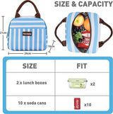 Lunchtassen voor voor en achter, schuine lunchtassen voor meisjes, lunchbox voor vol en kinderen, grote koeling, lunchtassen voor werk, school, picknick, blauw gestreept