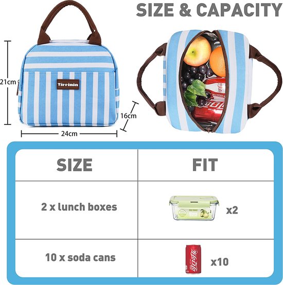 Lunchtassen voor voor en achter, schuine lunchtassen voor meisjes, lunchbox voor vol en kinderen, grote koeling, lunchtassen voor werk, school, picknick, blauw gestreept