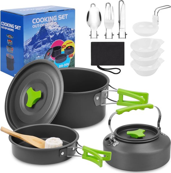 Camping kookgerei, 14-delig, aluminium campingservies, campingservies, outdoor, koken, opvouwbare kookpannenset, 1,1 l, theeketel, campingpot, outdoor, bestek, 2-3 personen