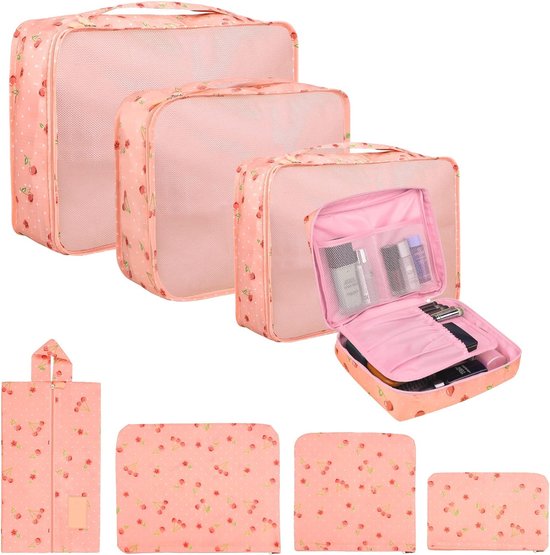 Packing Cubes Kofferorganizer, 8 stuks, kofferorganizer, pakzakken, pakzakken met schoenenzak, waszak, reisorganizer, kledingtassen voor rugzak (roze)