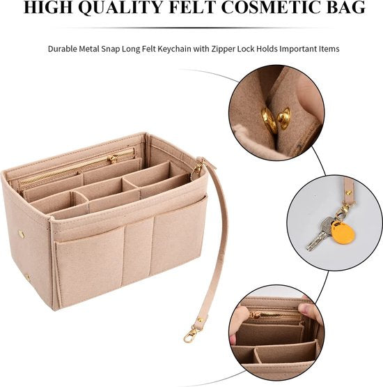Vilten handtas organizer, beige tas organizer, kleine tas organizer, handtas met sleutelketting, binnzakken voor handtassen, vilten tas organizer voor dames, dames