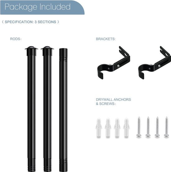 28 mm uitschuifbare gordijnroede, 76-115 cm, verstelbare gordijnrail, zwart, gordijnroedeset, roestvrijstalen paneelgordijnroede met beugels en eindstukken voor slaapkamer, woonkamer