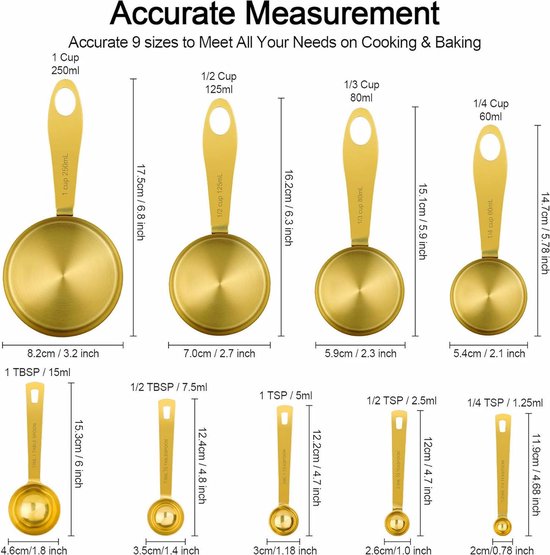 Maatbeker en maatlepel, 8 stuks, roestvrijstalen handgreep met metrische en Amerikaanse maten, goudkleurig gepolijst oppervlak, cup maatbeker voor droge en vloeibare ingrediënten, voor bakken en koken (goud)