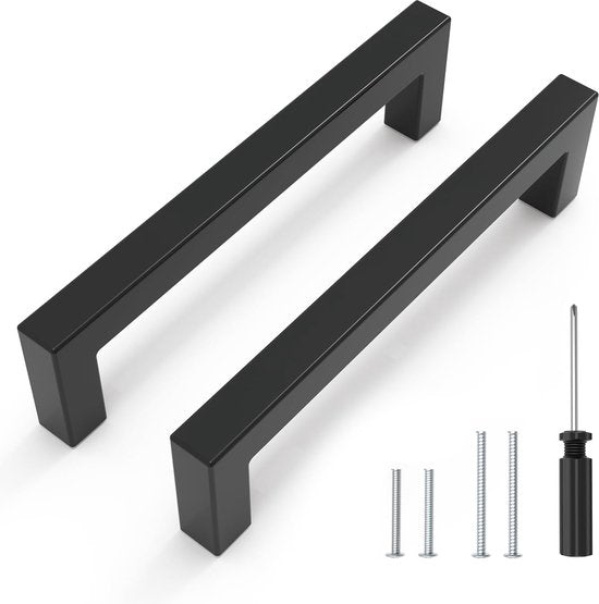 12 stuks meubelgrepen, zwart, 96 mm, kastgrepen, keukengrepen, roestvrijstalen vierkante handgrepen met schroeven en schroevendraaier voor keukens, lades, kasten, meubels