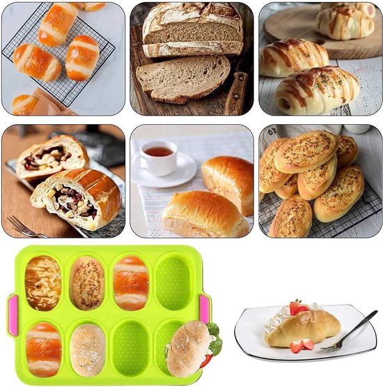 Baguette Bakplaat, broodbakvormen, baguetteplaat, bakken van baguettebrood, lang brood, Hot Dog met 2 isolatiehandclips + oliepenseel (beige, baguette)