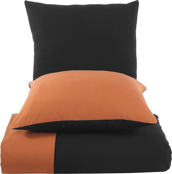 Beddengoed, 135 x 200 cm, 4-delig, zwart, koper, ademend, renforcé beddengoedset met 2 x dekbedovertrek 135 x 200 cm + 2 x kussensloop 80 x 80 cm, zwart, koper