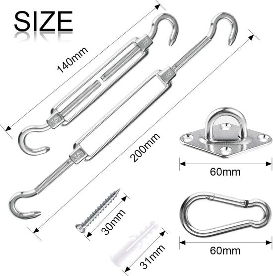 Luifel bevestigingsset, 28-delig, hoogwaardig roestvrij staal, voor driehoekige rechthoekige zonnezeilen