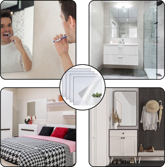 Je ontvangt 4 stuks zelfklevende spiegels, 20 x 20 cm (dikte: 2 mm)