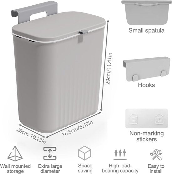 Keukenafvalemmer, 9 l vuilnisemmer, hangende vuilnisemmer keuken met deksel voor badkamer/slaapkamer, vuilnisbak, caravan, compostemmer voor keuken