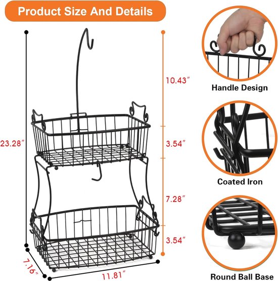 Fruitmanden 2 verdiepingen fruitmand metalen draad met bananenhouder eigentijdse fruitschalen groentemand dagelijkse keuken opslag fruitmand (zwart)