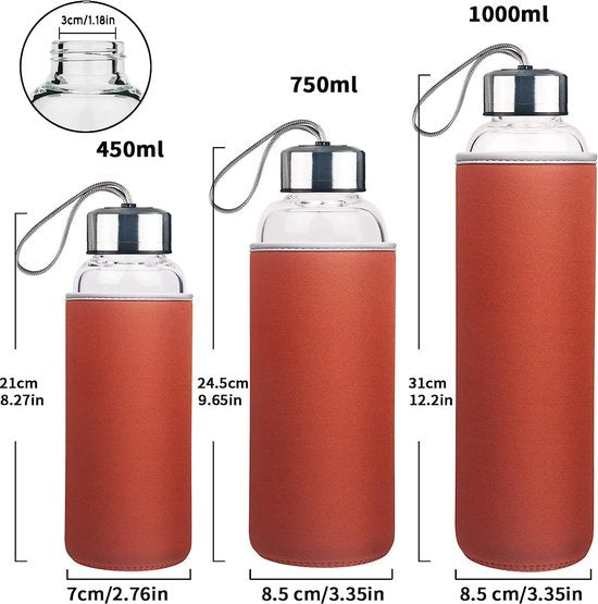 Motiverende drinkfles glas waterfles met neopreen hoes borosilicaatglazen fles 1000 ml / 1 l / 1 liter (kleurverloop oranje)