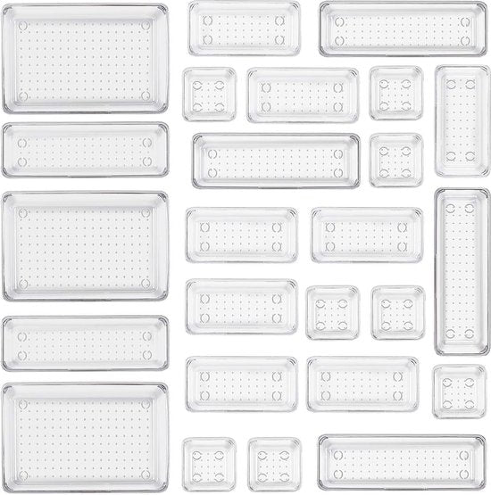 25 stuks transparant lade-organizer-systeem met plastic opbergdozen in 4 maten, antislip, transparante make-up-organizer voor badkamer, cosmetica, dressoir, keuken, kantoor enz.