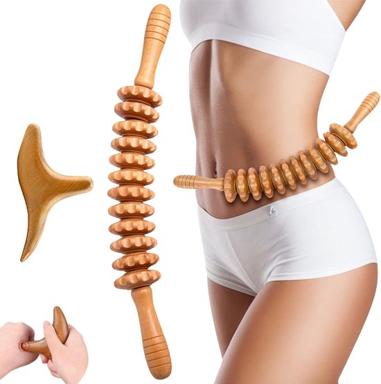 Massageroller hout & trigger houten set, massageroller met handgreep, massagestaafjes triggerpunt, rug massageapparaat hout, handmassagehulp voor benen en schouders, houten therapie massagegereedschap