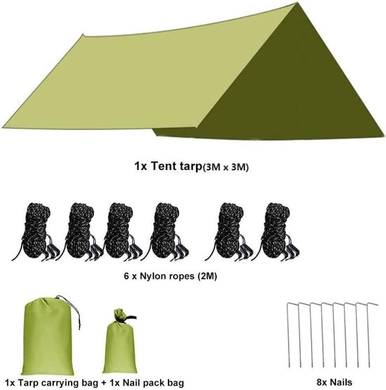 Tent, waterdicht, 3 m x 3 m, camping, tarp, ultralicht, hangmat, luifel, waterdicht, tent, Oxford-Zeil, 2000 mm, regenscherm, zone voor buiten, irriteren, strand, groot