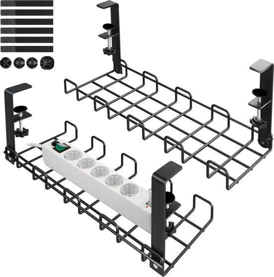 Kabelgoot bureau zonder boren - set van 2 kabelmanagement bureau van staal - incl. accessoires - kabelmand klembaar ondertafel - bureau organizer voor kantoor / thuis - zwart