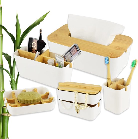 Bamboe badkamerset, wit, badkameraccessoires, zakdoeken, cosmeticadoekjes, doos, tandenborstelhouder, sieradenkistje, cosmetica-organizer, zeepbakje, bamboe, badkameraccessoireset (set)