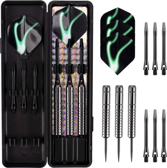 Dartpijlen, 12 stuks stalen dartpijlenset, 24 gram professionele stalen darts met metalen punt, dartpijl, dartpijl, aluminium schacht, 30 flights,50 anti-losse rubberen ringen, stalen darts