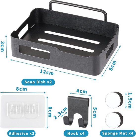 zeephouder voor de douche, set van 2 zeepsponshouders voor wandmontage met 4 haken, zelfklevend, boorvrij zeepbakje, roestvrijstalen zeepbakhouder voor de badkamerkeuken