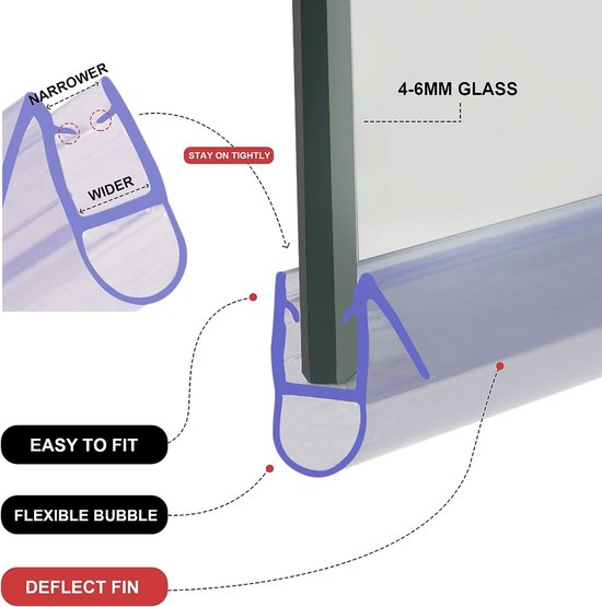 Afdichtingstape voor douchewanden, badkuipen, douchedeuren, 870 mm lang, voor 4-6 mm dik recht of gebogen glas met een opening tot 8 mm