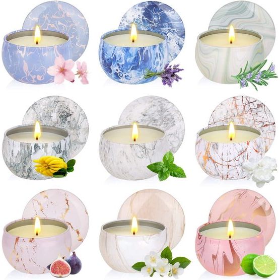 cadeaus voor vrouwen, 9 stuks, 2,5 oz, marmer, aromatherapie, kaarsenset, natuurlijke sojawas, stressvermindering, cadeau voor Moederdag, Kerstmis, verjaardag, Valentijnsdag, badkamer, yoga