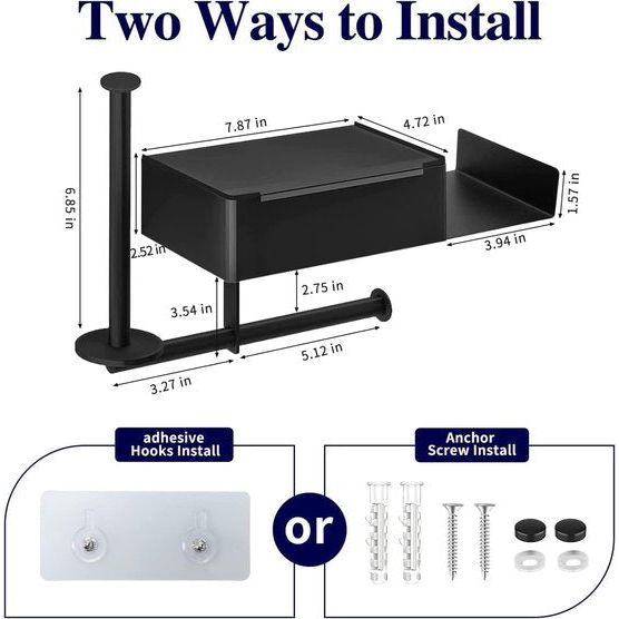 Black Toilet Paper Holder, No Drilling Toilet Paper Holder with Wet Wipes Box, Stainless Steel Paper Holder for Toilet and Bathroom Wall Mount