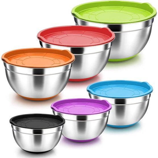 Mengkom, set van 6, roestvrij staal, slakom, met luchtdicht deksel en antislip vloeren, ideaal voor koken/bakken/bewaren/serveren, stapelbaar, 0,7 l/1,2 l/1,4 l/2 l/3,3 l/6,7 l