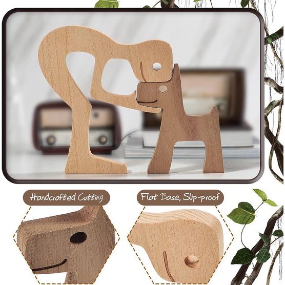 Familie Puppy Kat Houtsnijwerk Ornamenten, Natuurlijk Massief Hout Schattige Puppy, Kitten en Mensen Ambachten Standbeeld Sculptuur Ornament Home Decor (Mannen Kiss Puppy)