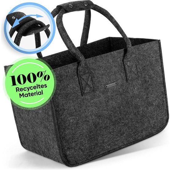 Vilten zak voor brandhout in grafietgrijs - 35 L inhoud + extra handvatbeschermer en binnenzak - perfect als brandhoutzak - opbergmand en grote boodschappentas