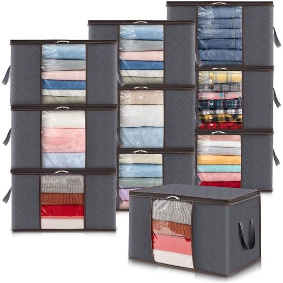 Pack of 10 90 L Storage Bags, Storage Boxes with Lid, Large Clothes Storage, Moving Boxes, Foldable Storage Boxes for Duvets, Blankets, Clothes, Underbed, Wardrobe, Grey