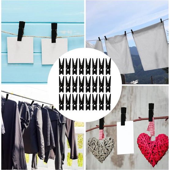 Mini-kledingpinnen voor foto's, 50 stuks houten fotoclips, fotoclips, foto's, handwerk, weergave, zwart