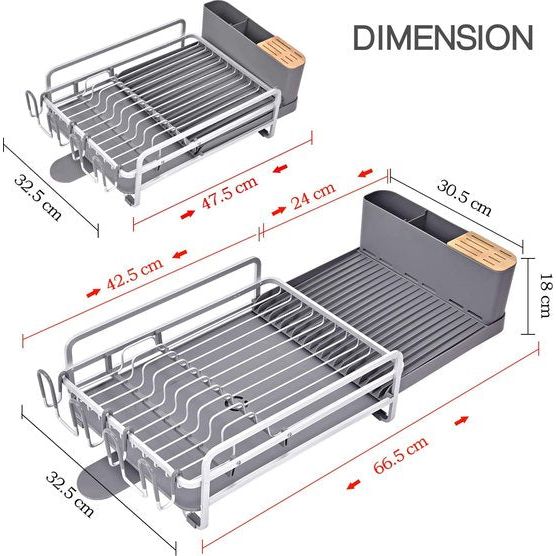 Kingrack Afdruiprek, uitbreidbaar vaatdroogrek met bestekhouder en verwijderbare glazen bekerhouder, verstelbare aluminium schotelrek, bestek afdruiprek met afvoer 360 ° draaibare uitloop WKUK810266-1