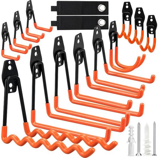 12 stuks wandhaken voor garage en 2 kabelbinders, 24 sets schroeven, garagehaken, garage opberghaken voor het organiseren van gereedschap, stoel, slang, fietsen, sportuitrusting