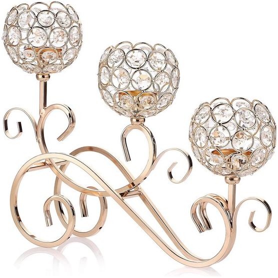 Gouden S-vormige kristallen kandelaar 3-armige kristallen schalen gemaakt van glas Metalen kandelaar Theelicht Decoratieve kandelaar Kaarsenhouder voor Kerstmis Halloween Bruiloft (groot)