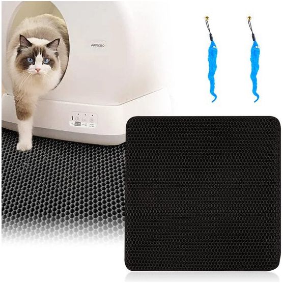 1 x kattenbakmat en 2 x kattenspeelgoed rups, dubbellaagse honingraatmat, kattenbakmat 30 x 30 cm, gemakkelijk schoon te maken, antislip EVA-mat, voor kattenbak (zwart)