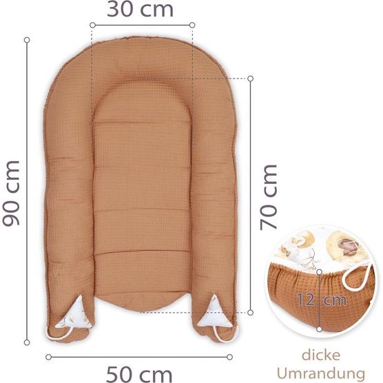 Babynestje voor pasgeborenen baby's, 90 x 50 cm, handgemaakte cocon, dubbelzijdig van katoen, wafel met babynestje, sluimerbeer, lichtbruin