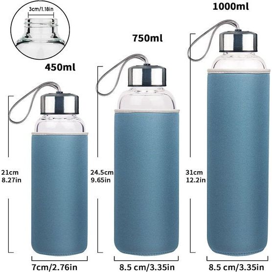 Motiverende drinkfles glas waterfles met neopreen hoes borosilicaatglazen fles 1000 ml / 1l / 1 liter (kleurverloop lichtblauw)